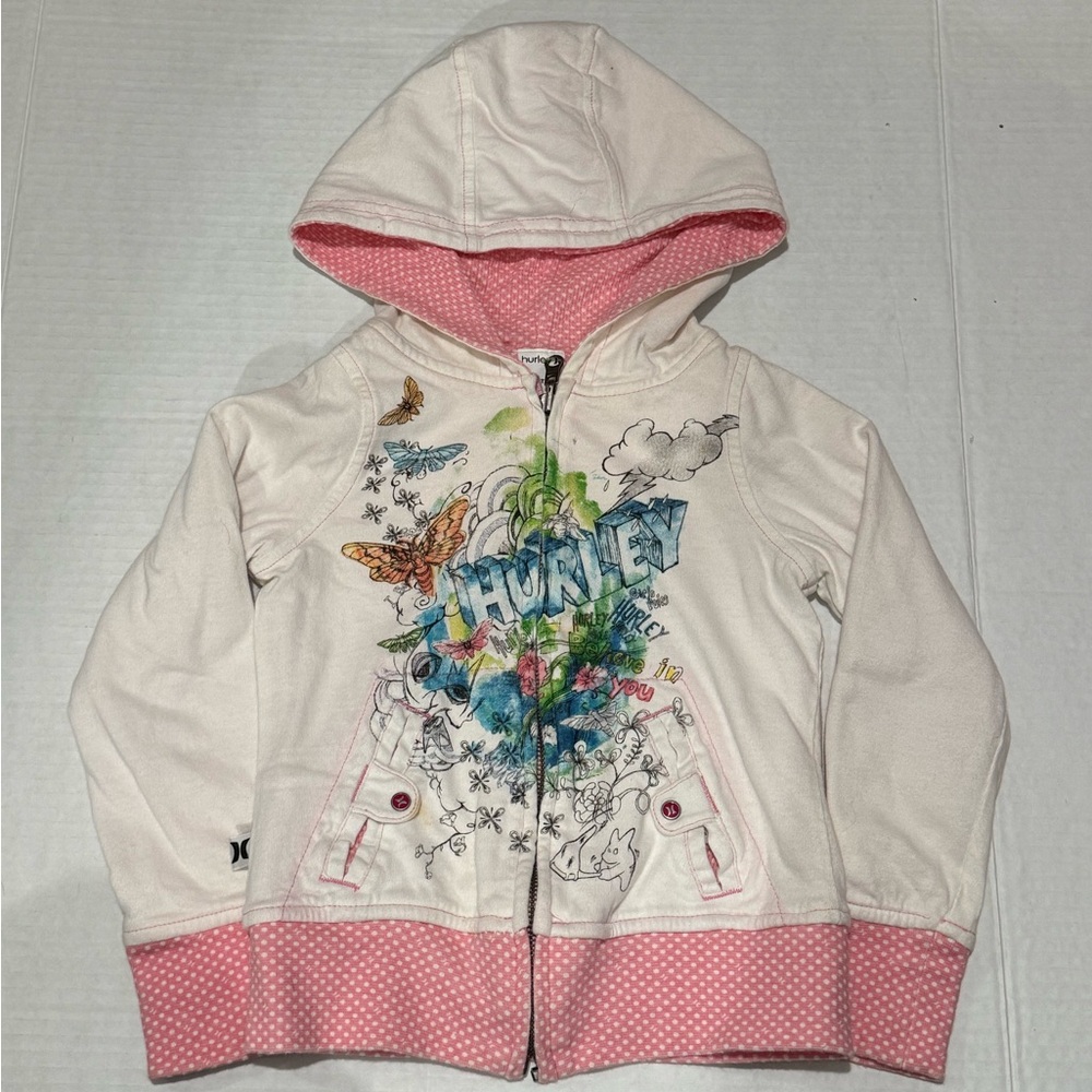 Hurley Kids' Cream Hoodie with Pink Polka Dot Accents